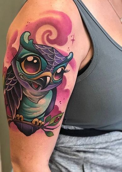 Sweets Tattoo, Colorful Owl Tattoo, Tato Ikan Koi, Cute Owl Tattoo, Comic Tattoo, Ikan Koi, Owl Tattoo Design, Nordic Tattoo, Sweet Tattoos