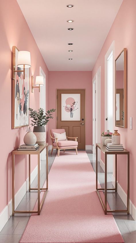 Pink Room Decor Pink Hallways, Pink Modern House, Pink Hallway Ideas, Pink Home Interior, Pink Room Decor Ideas, Pink Entryway, Pink Hallway, Pink Room Ideas, Pink Dining Rooms