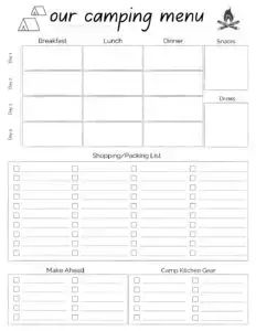 Camping Meal Plan Template for Easy Outdoor Cooking + 15 Menu Planning Tips | HikingInMyFlipFlops Camping Menu Planner Free Printable, Camping Meal Planner Free Printable, Rv Menu Meal Planning, Camping Grocery List, Camping Meal Planner, Camping Meal Plan, Menu Planning Template, Free Printable Menu, Camping Meal Planning