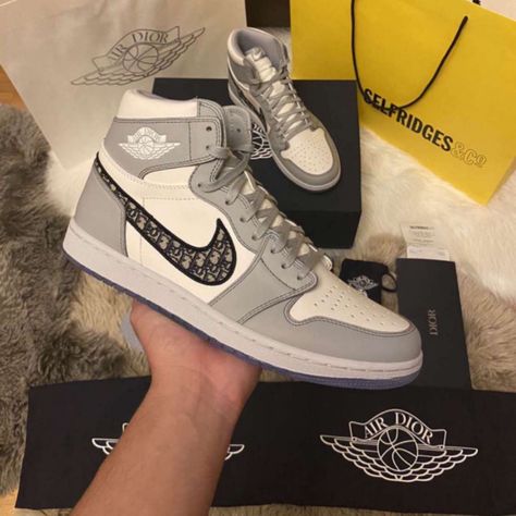 Dior Jordan 1's, Air Jordan 1 Dior, Jordan Dior, Jordan 1 Dior, Air Dior, Nike Fashion Sneakers, Nike Shoes Girls, Shoes Grey, Cute Sneakers