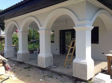 Stucco Pillars Columns, Portico Ideas, Interior Pillars, Archways In Homes, House Pillars, House Columns, Pillar Design, Classic House Exterior, French Style Homes