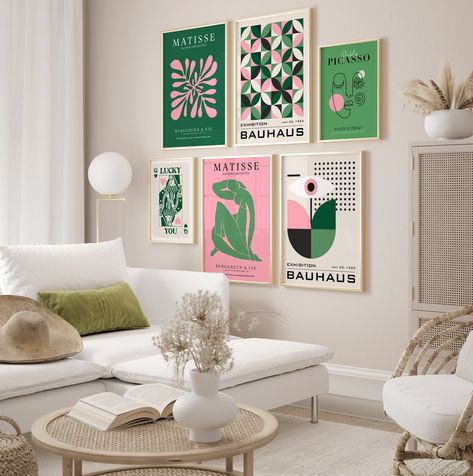 Elevate your space with our printable set of 6 retro green and pink gallery posters, inspired by Matisse, Bauhaus, and Picasso. Create a captivating blend of classic and modern artistry in your decor effortlessly. ⭐️ More from the collection "Colorful Art", you can find here: https://www.etsy.com/pl/shop/HeyMayStudio?ref=seller-platform-mcnav§ion_id=37794960 ⭐️ COLORFUL ART - MEGA BUNDLE, you can find here: https://www.etsy.com/listing/1512344908/120-colorful-wall-art-bundle-eclectic?click_key=4 Gallery Wall Colorful, Green Matisse, Popular Printables, Matisse Wall Art, Art Framing, Poster Pink, Wall Art Trendy, Bauhaus Poster, Gallery Wall Art Set