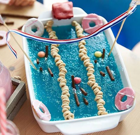 Jelly swimming pool | Asda Good Living Swimming Pool Cake, Pool Party Cakes, Pool Cake, Kids Recipe, Jelly Desserts, Swimming Party, Swim Party, Bar Food, Jelly Cake