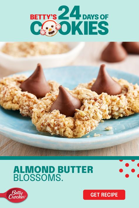 Almond Butter Blossom Cookies, Peanut Butter Blossoms Recipe, Butter Blossoms, Betty Crocker Recipes, Blossom Cookies, Kiss Cookies, Peanut Butter Blossoms, Yummy Dessert, Cookie Flavors