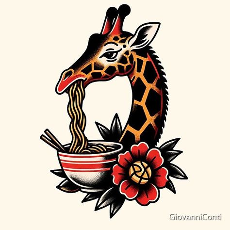 Traditional Tattoo Graphic Design, Traditional Giraffe Tattoo, Traditional Virgo Tattoo, American Traditional Hip Tattoo, Animal Tattoo Traditional, American Traditional Animals, Animal Traditional Tattoo, Funny Traditional Tattoos, Old School Animal Tattoo