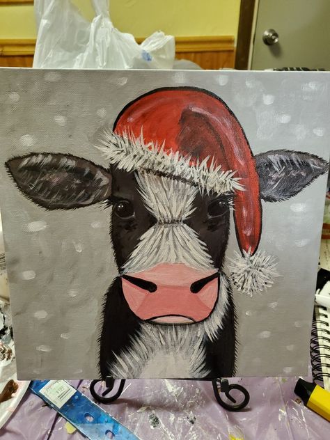 Cow Christmas Painting, Easy Santa Painting, Santa Paintings, Christmas Window Painting, Cow Christmas, Brown Cow, Cow Canvas, Christmas Painting, Paint Night