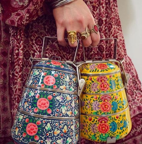 Indian Crockery, Indian Lunch Box, Indian Lunch, Beautiful Kitchenware, Embroidered Slippers, Tiffin Box, Food Carrier, Pyramid Shape, Palm Oil Free Products