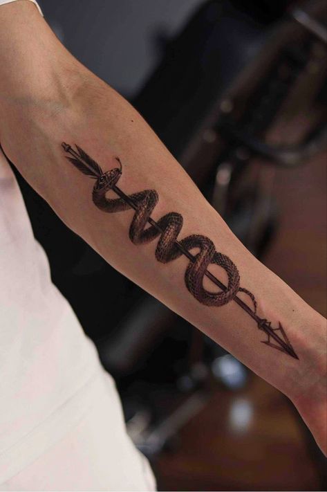 Arrow With Snake Tattoo, Mens Snake Tattoo Leg, Snake Tattoo For Man, Snake With Arrow Tattoo, Arrow Snake Tattoo, Snake Tatoo Man, Snake Tattoos For Men On Arm, Men Snake Tattoo Ideas, Scorpio Snake Tattoo