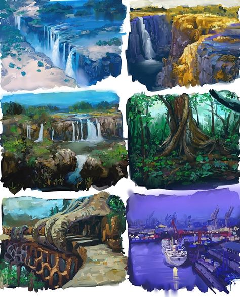 concept art illustration Gouache Concept Art, Acrylic Concept Art, Watercolor Environment Art, Concept Art Watercolor, Watercolor Concept Art, Guache Illustration, Beginner Painting On Canvas, Gouache Landscape, Painting On Canvas For Beginners