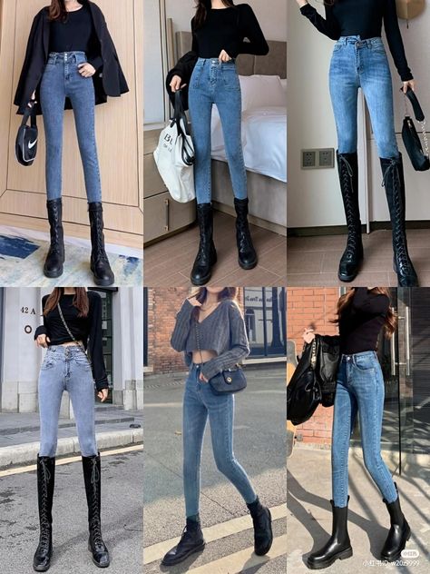 Korean Jean Outfits, Ulzzang Jeans Outfit, Tall Boots And Jeans Outfit, Korean Outfits Jeans, Korean Jeans Outfit, Exam Outfit, Brown Booties Outfit, Japan Outfits, Booties Outfit