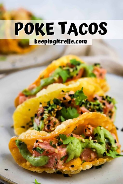 Spicy Ahi Poke Recipe Hawaii, Spicy Tuna Tacos, Ahi Tuna Ideas, Poke Tuna Tacos, Tuna Poke Tacos, Blue Fin Tuna Poke Recipe, Poke Tacos Recipe, Wonton Tuna Tacos, Seared Ahi Tuna Wonton Tacos