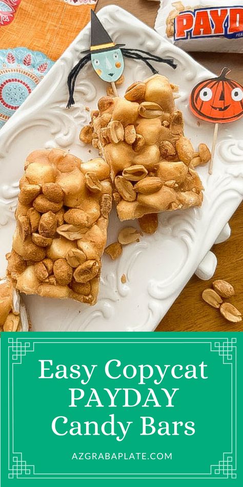 Easy Copycat Payday Candy Bars Payday Bars, Payday Candy, Payday Candy Bar, Peanut Butter Buckeyes, Candy Bar Recipe, Butter Toffee, Candy Recipes Homemade, Chocolate Toffee, Chocolate Candy Bar