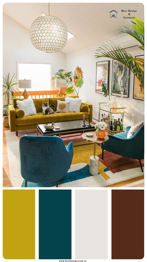 Yellow Home Color Palette, Complimentary Colors Interior Design, Home Decor Color Schemes Colour Palettes Interior Design, Yellow Interior Design Living Room, Yellow Sofa Living Room Colour Palettes, Gold Couch Living Room Color Palettes, Living Room Color Pallet Ideas, Color Schemes Interior Design, Mid Century Glam Living Room