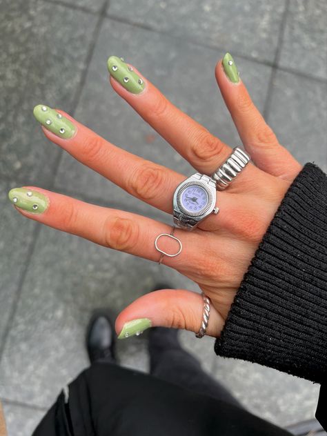 Gem nail design, green nail polish, summer nail inspo, spring nail inspo, silver jewelry Green Nails With Gems, Green Gem Nails, Nail Inspo Silver, Nail Design Green, Nail Inspo Spring, Nail Polish Summer, Gem Nail Designs, Green Nail Polish, Green Nail