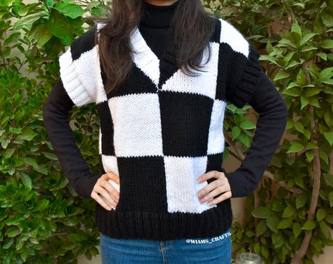 Wednesday Checkered Vest Wednesday Checkered Vest, Monochromatic Wardrobe, Comfort Shawl, Checkered Vest, Checker Vest, Knit Vest Pattern, Crochet Vest Pattern, White Patches, Knitting Needles Sizes