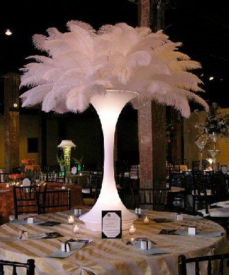 Designer Centerpieces - Ostrich feathers gallery and prices Met Gala Party, Candelabra Wedding Centerpieces, Ostrich Feather Centerpieces, Candelabra Wedding, Feather Centerpieces, Gala Party, All White Party, Quinceanera Party, Feather Wedding