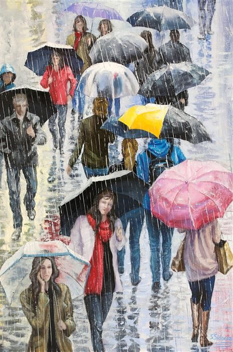 Composition Painting, Pink Umbrella, Rain Painting, Rain Art, Visual Hierarchy, Umbrella Art, The Big City, Winter Painting, Popular Art