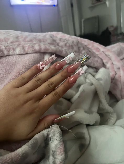 Pink Gem Nails, Coquette Nails, Hippie Nails, Girly Acrylic Nails, Her Nails, Hello Kitty Nails, French Acrylic Nails, Classy Acrylic Nails, Long Acrylic Nails Coffin