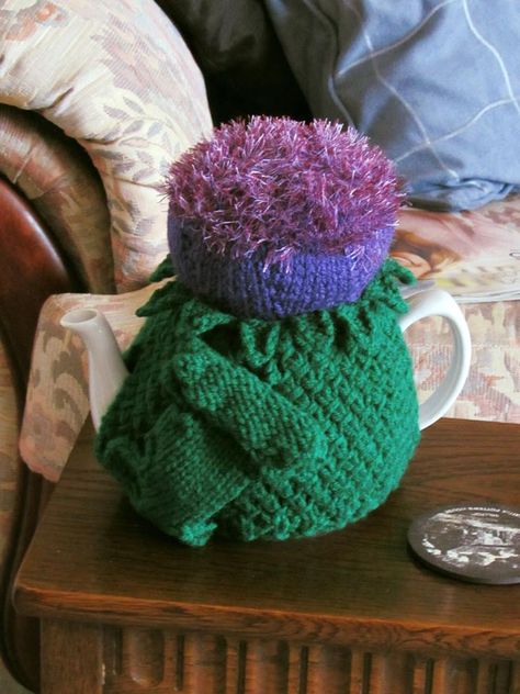 Scottish Crochet Patterns Free, Crochet Thistle, Make Your Own Tea, Scotland National Flower, Tea Cosy Knitting Pattern, Tea Cozies, Tea Cosies, National Flower, Pink Cottage