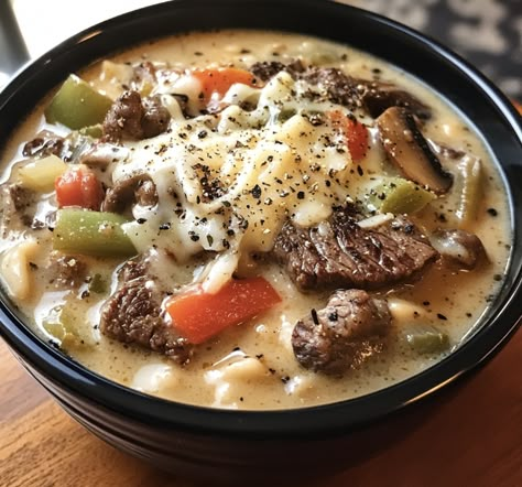 One-Pot Philly Cheesesteak Soup Soup With Sirloin Steak, Philly Steak Soup, One Pot Philly Cheesesteak Soup, Sirloin Soup, Philly Cheese Steak Soup, Philly Cheesesteak Soup, Steak Soup Recipes, Cheesesteak Soup, Steak Soup