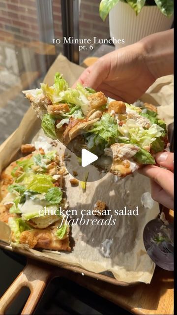 My Wellness by Nature on Instagram: "10 Minute Chicken Caesar Flatbreads. This lunch has been on repeat over here. It’s so simple and so good. New mission, turn all of my favorite salads into flatbreads 👌🏻-from @choosing_balance 
-
-
Ingredients:
2 flatbreads of choice 
2 cups cooked chicken (rotisserie chicken works great!) 
1 cup mozzarella cheese 
2 tbsp olive oil 
1 package of caesar salad kit 

Instructions:
1. Preheat oven to 400F
2. Brush the flatbreads with olive oil, sprinkle with mozzarella cheese, and add shredded, cooked chicken on top 
3. Bake in the oven for 6-8 minutes, until the cheese is melted and the flatbread is toasted 
4. While it bakes, make the Caesar salad kit. Chop it up if it has bigger lettuce pieces, I find it easier to eat! 
5. After the flatbread is done, r Chicken Caesar Salad Flatbread, Peyton Pratte, Emergency Meals, Shredded Cooked Chicken, Low Carb Flatbread, Chicken Rotisserie, Health Lunches, Salad Kit, Minute Chicken