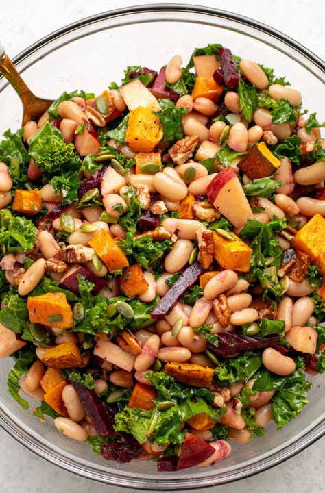 Fall Harvest Dense Bean Salad - Olivia's Kitchen Gluten Free No Knead Bread, Salad With Squash, Maple Dijon Dressing, Protein Pasta Salad, Bean Salads, Sandwich Toast, Roasted Vegetable Pasta, Dijon Dressing, Bean Salad Recipes