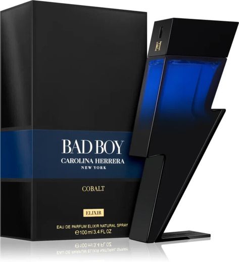 Bad Boy Cobalt Elixir by Carolina Herrera is a fragrance for men. This is a new fragrance. Bad Boy Cobalt Elixir was launched in 2024. Top notes are Black Pepper and Sage; middle notes are Truffle and Woodsy Notes; base notes are Vanila and Frankincense. Carolina Herrera Men, Retail Box, New Fragrances, Mens Fragrance, Carolina Herrera, Bad Boy, Black Pepper, Cobalt, Health And Beauty