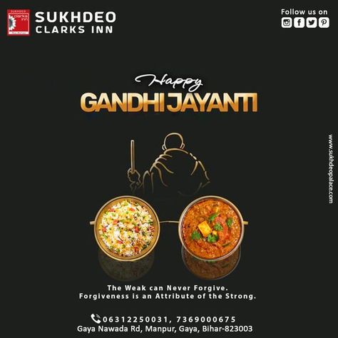 Let's celebrate Gandhi Jayanti by honouring and paying tribute to the great soul. Happy Gandhi Jayanti #MahatmaGandhiJayanti #GandhiJayanti #fatherofnation #Bapu #sukhdeoclarksinn Gandhi Birthday, 2 October Gandhi Jayanti, Gandhi Jayanti Wishes, Festival Post, Happy Gandhi Jayanti, Gandhi Jayanti, Fashion Poster Design, The Great, Desi Food