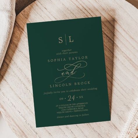 $1.98 | Romantic Green Calligraphy Monogram Wedding #classic monogram wedding, modern monogrammed wedding, calligraphy printed wedding, unique fancy hand lettering k081, whimsical gold foil sparkle flourish, elegant fall marriage, emerald green and gold, enchanted forest dark green, winter first initials wedding, simple wedding invitation Green Calligraphy, Forest Dark Green, Calligraphy Monogram, Nightmare Before Christmas Wedding, 3d Templates, Forest Dark, Christmas Wedding Invitations, Classic Invitation, Wedding Simple