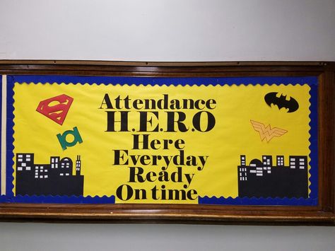 Attendance Hero Bulletin Board, Attendance Bulletin Board Ideas Middle School, School Attendance Bulletin Board, Attendance Competition Bulletin Board, Attendance Display Boards, School Attendance Bulletin Board Ideas, Attendance Challenge Ideas, Perfect Attendance Bulletin Board, Attendance Initiatives