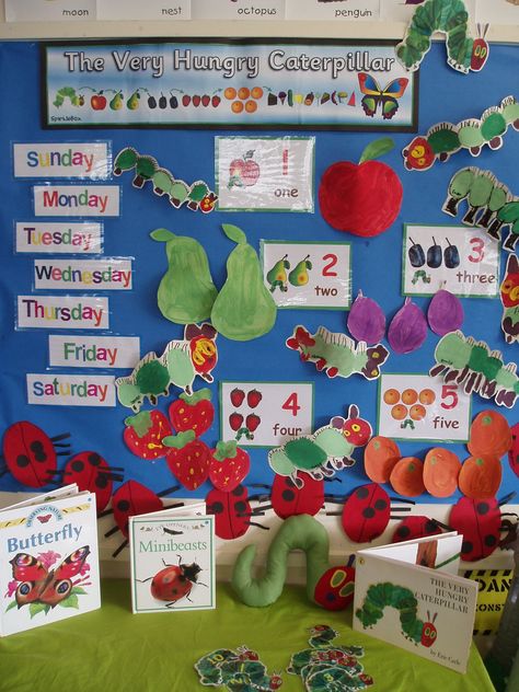 The Very Hungry Caterpillar display - year 1 Hungry Caterpillar Display, Morning Meeting Board, Hungry Caterpillar Craft, Mini Beasts, Caterpillar Craft, Nursery Activities, Reading Area, The Very Hungry Caterpillar, Morning Meeting