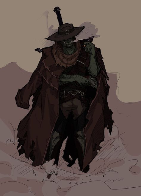 Orc fighter rogue male Cowboy Paladin, Half Orc Cowboy, Orc Gunslinger, Orc Cowboy, Pathfinder Gunslinger, Gunslinger Rpg, Fantasy Gunslinger, Oath Of Vengeance Paladin, Dnd Cowboy