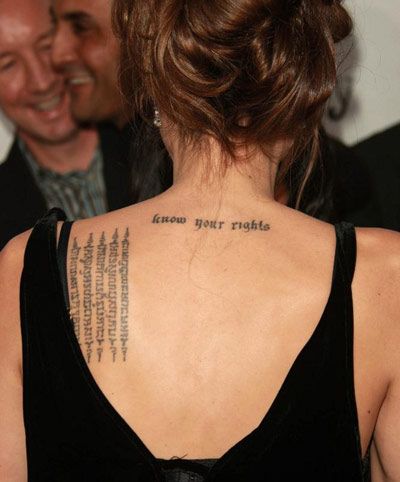 Angelina Jolie’s Tattoos And Their Meanings Tattoo Writing Designs, Angelina Jolie Back Tattoo, Angelina Jolie Tattoo, Tattoo Schrift, Writing Tattoos, Text Tattoo, Original Tattoos, Tattoo Font, Celebrity Tattoos