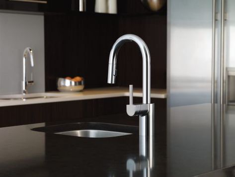 Moen Align, Chrome Kitchen Faucet, Kitchen Faucet With Sprayer, Galley Kitchens, Bar Faucet, Chrome Kitchen, Faucet Design, Bar Faucets, Clean Technology