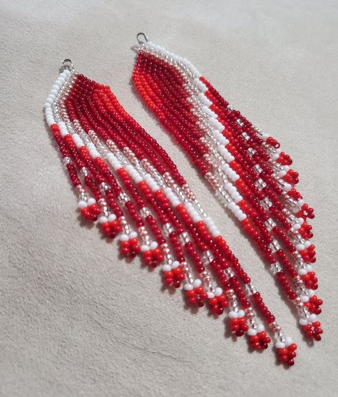 Red Fringe Earrings, Red Dress Beaded Earrings, Beaded Fringe Earrings Tutorial Free Pattern, Beaded Earrings Patterns Free, Red Beaded Earrings, Pony Bead Projects, Red Angel, Beaded Work, Seed Bead Jewelry Patterns