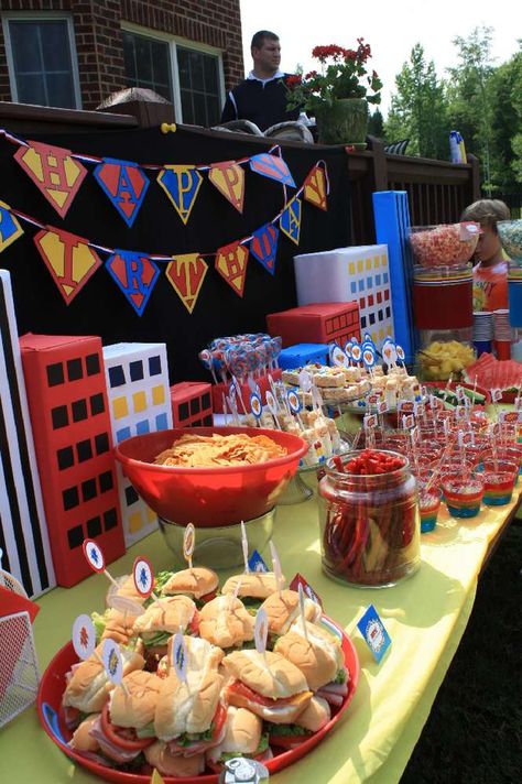 Superheroes Theme, Superhero Birthday Party Ideas, Hero Sandwich, Superman Party, Marvel Birthday Party, Marvel Party, Superman Birthday, Avenger Birthday Party, Spiderman Birthday Party