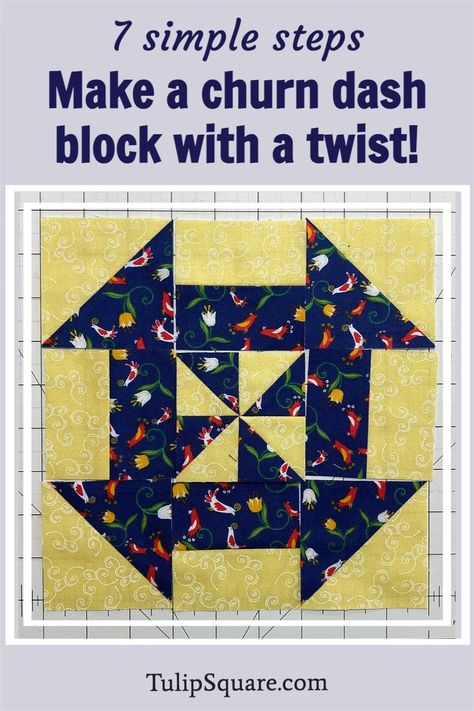 Fun way to use a windmill to create a churn dash quilt block with a twist! Photos and easy to follow instructions. 🌷TulipSquare.com 🌷 Churn Dash Quilt Ideas, Churn Dash Quilt Pattern Free, Churn Dash Block Free Pattern, Churn Dash Quilts, Churn Dash Quilt Block, Churn Dash Quilt Block Variations, 12 Inch Churn Dash Quilt Block, Dash Pattern, Churn Dash Quilt