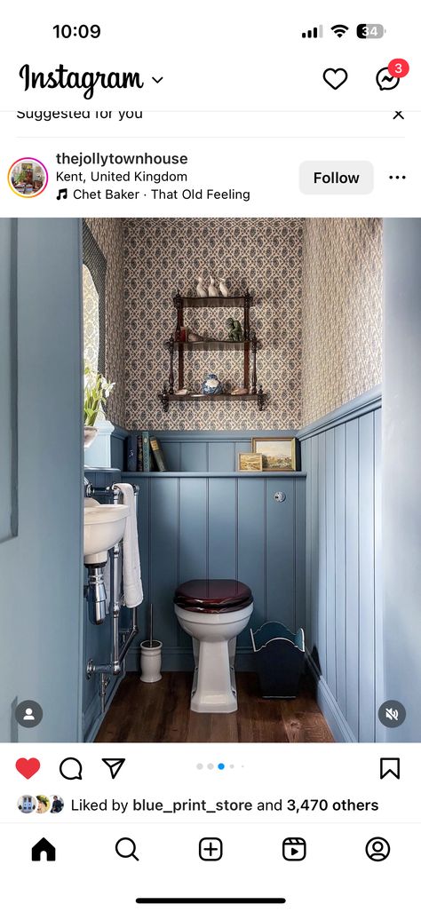 Small Cloakroom Toilet Panelling, Tongue And Groove Downstairs Toilet, Small Downstairs Loo Ideas, Traditional Downstairs Toilet, Tongue And Groove Toilet, Downstairs Bathroom Wallpaper, Cloakroom Toilet Ideas Panelling, Blue Panelling Bathroom, Blue Downstairs Toilet Ideas