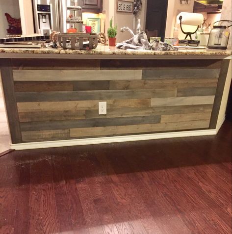 Real wood planks for under kitchen bar, island or under counter top. Weathered gray stain. Shiplap ‘no lap’ easy to install planks. 3/8” thick x 5.5” or 7.25” wide. $1.00/sqft Paneling Under Bar Counter, Wall Under Bar Counter Ideas, Under Bar Counter Ideas, Shiplap Bar, Accent Wall Kitchen, Bar Makeover, Shiplap Ideas, Kitchen Table Oak, Ceiling Wood