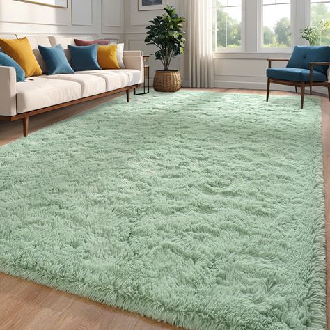 PRICES MAY VARY. 【Superior Material】This fluffy cozy rug is made from soft velvet, and the shaggy rug sandwich contains sponge filler to provide extra cushioning, protect you and your children, pets, and provide you with a soft and comfortable touch 【Minimalism Fluffy Rug】The Soft carpet is made with the latest dyeing technology and processed by advanced machines, it will not shed. The solid color carpet can perfectly match your room and bring vitality and comfort to the room 【Non-Slip Bottom】Th Pastel Green Rugs, Green Shag Rug Bedroom, Sage Green Fluffy Rug, Green Fuzzy Rug, Lsage Green Rugs, Rug Fluffy, Cozy Rug, Modern Carpets, Carpet Modern