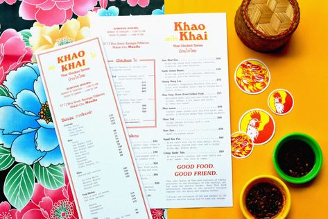 Khao Khai Chicken House Thai Restaurant Branding & Menu Design by NS Design - Grits & Grids® Thai Menu Design, Cultural Probes, Resturant Logo, Thai Menu, Thai Cafe, Menu Layout, Thai Design, Visual Identity System, Cafe Branding