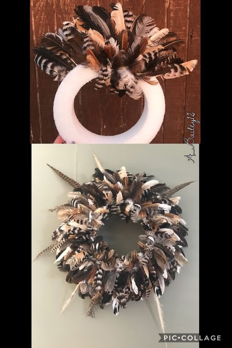 Peacock Feather Wreath Diy, Grouse Feather Crafts, Duck Feather Wreath, Things To Do With Chicken Feathers, Chicken Feather Wreath Diy, What To Do With Chicken Feathers, Chicken Feathers Crafts, Chicken Feather Ornaments, Crafts With Chicken Feathers