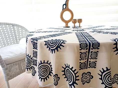 Symbolic Organic Ivory Round Tablecloth With Natural Dye - Etsy Turkey Printed Bedsheets, Illustration Business Cards, Sun Symbol, Block Painting, Kitchen Clothes, Cushion Cover Designs, Mantel Redondo, Eco Printing, Ethnic Patterns