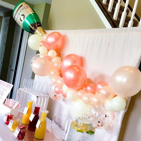 Champagne Brunch Bridal Shower Ideas Mimosa Bar, Mimosa Party Decorations, Mimosa Bar Backdrop, Bridal Brunch And Bubbly, Pink And Peach Bridal Shower Decor, Brunch Ideas Bachelorette, Botox And Bubbly Party Decor, Bridal Shower Mimosa Theme, Pink Mimosa Bar