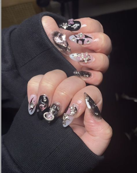 black, pink and silver nails Black Pink And Silver Nails, Black Pink Silver Nails, Silver And Pink Nails, Pink And Silver Nails, Black Silver Nails, White And Silver Nails, Rockstar Gf, Y2k Nails, Metallic Nails