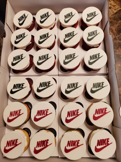 Nike cupcakes Nike Rice Crispy Treats, Nike Cupcakes Cake Ideas, Nike Party Theme, Nike Party Ideas, Nike Cupcakes, Nike Baby Shower Theme, Nike Cake Ideas Birthdays, Nike Theme Party Birthdays, Sneaker Theme Party Ideas