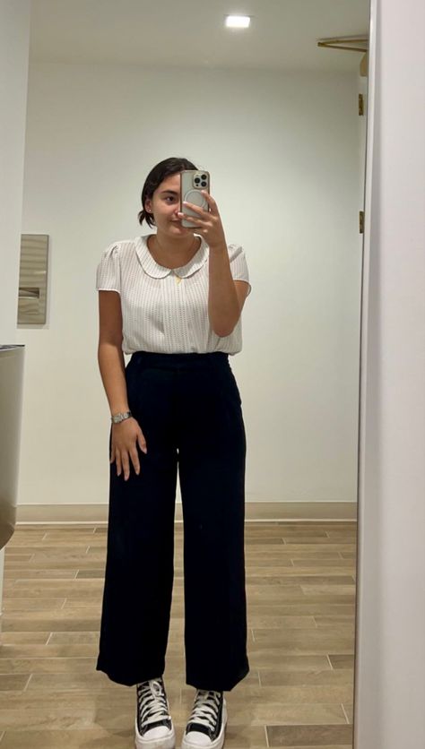 Converse Business Outfit, Slacks With Converse, Platform Converse Office Outfit, Platform Converse Business Casual, Converse Wide Pants, Aritzia Effortless Pants, Intern Outfit, Effortless Pants, Business Casual Outfit