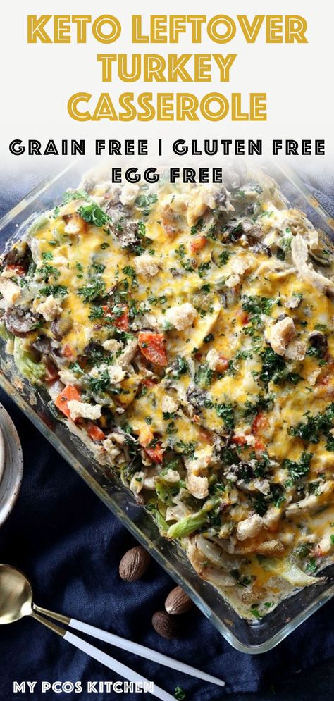 Keto Turkey Leftover Casserole Recipe - My PCOS Kitchen - The best cheesy casserole you'll ever make! Filled with leftover turkey or chicken and healthy vegetables. Perfect for the day after Thanksgiving or Christmas! #leftoverturkey #thanksgivingleftover #turkeycasserole #lowcarbcasserole #ketocasserole #ketothanksgiving #lowcarbdinner #chickencasserole Low Carb Turkey Dinner, Keto Thanksgiving Leftover Recipes, Keto Turkey Casserole Recipes Leftover, Keto Turkey Leftover Recipes, Keto Turkey Recipes, Vegetables Casserole, Turkey Casserole Recipes Leftover, Shrimp Keto, Keto Turkey