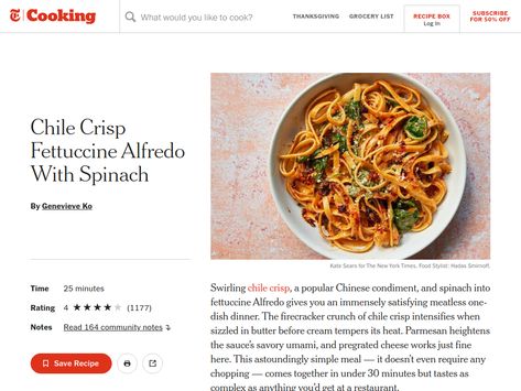 Chile Crisp Fettuccine Alfredo With Spinach Recipe - NYT Cooking Alfredo With Spinach, Chile Crisp, Bob Belcher, Chili Crisp, Spinach Recipe, Thanksgiving Cooking, One Dish Dinners, Fettuccine Alfredo, Alfredo Pasta