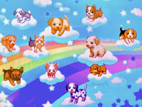 Several pixel dog sitting and lying down on pixel clouds in front of a large rainbow. The background is sky blue with faint stars and clouds. There are many dog breeds, including Chihuahua, Labrador, beagle and dalmatian Ds Background Images, 2000s Pixel Art, Kawaii Dreamcore, Kidcore 2000s, Nintendo Ds Aesthetic, Nostalgiacore Aesthetic, Ds Aesthetic, Pixel Rainbow, Kawaii Pixel Art